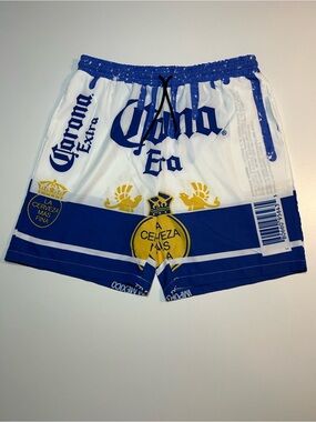 Corona Extra Scattered Labels Board Shorts Blue White Graphic Beer Swim Trunks